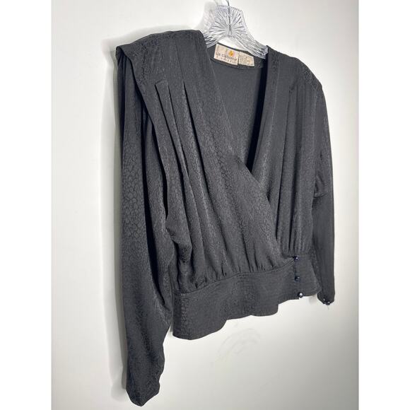 Vintage Liz Claiborne 100% Silk Wrap Blouse Black Jacquard 80s Small - Picture 3 of 13